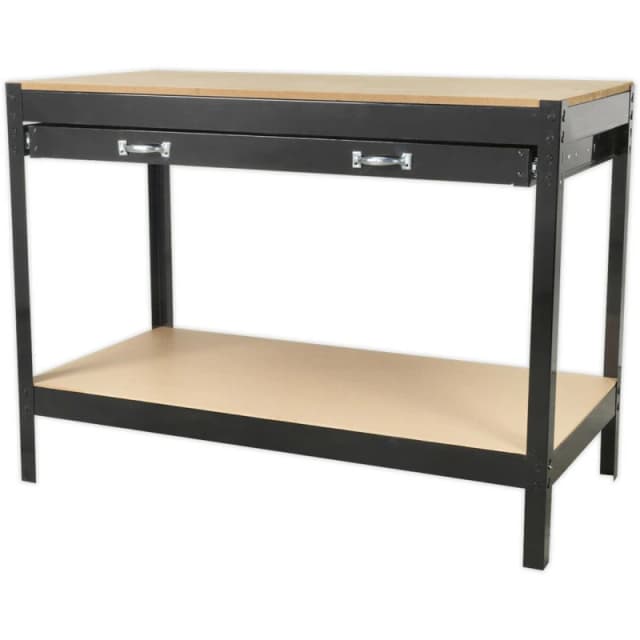 Loops 1.2m x 0.6m Workbench - Heavy Duty Steel Frame & Wood Work Top with Draw & Shelf Metallics