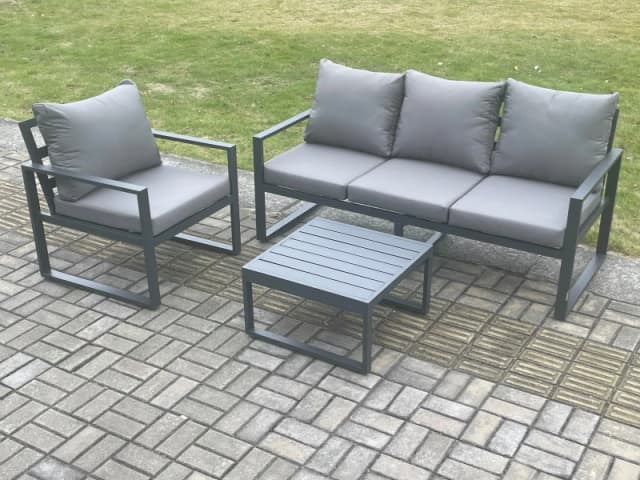Fimous Aluminium Outdoor Garden Furniture Set Lounge Sofa Chairs Square Coffee Table Sets Conservatory Set Dark Grey Dark Grey Unisex