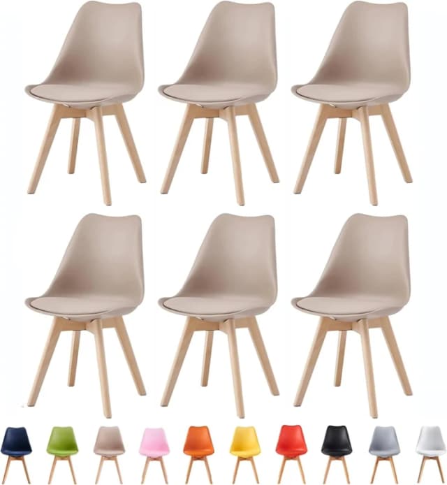 MCC Direct Set of 6 Dining Chairs with Solid Wooden Legs & Seat Cushion Pads in Grey - Eva by MCC in Brown Brown Unisex