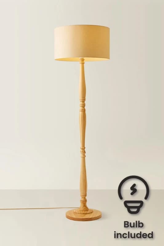 ValueLights Victoria Light Wood Traditional Floor Lamp with Fabric Drum Shade and LED Bulb Natural