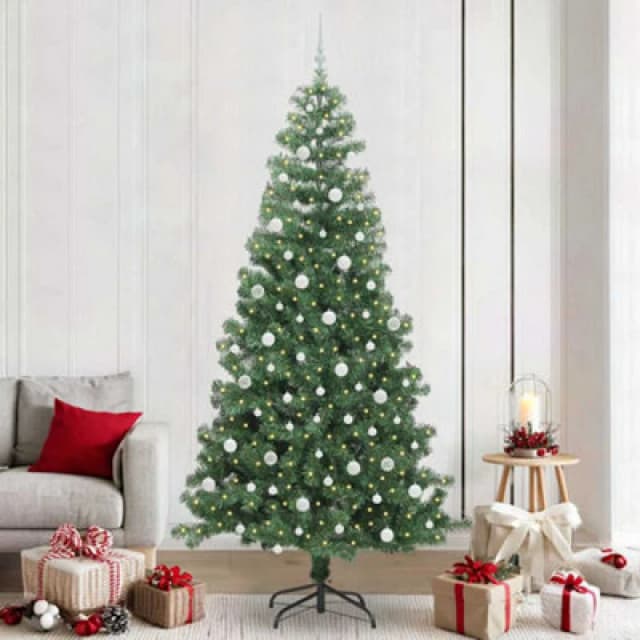 vidaXL Christmas Tree with 300 LEDs, White Balls with Stand Green 240cm PVC, Green 3396401