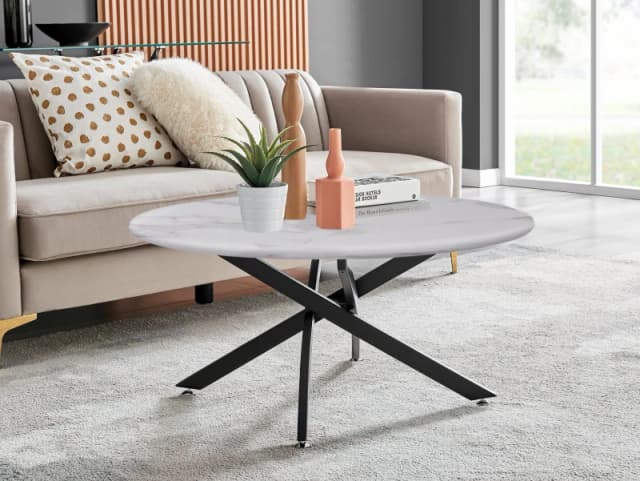 FurnitureboxUK FurnitureboxUK Novara Round Marble Effect Glass Top Coffee Table With Black Metal Starburst Legs in White White One Size Unisex 5056542
