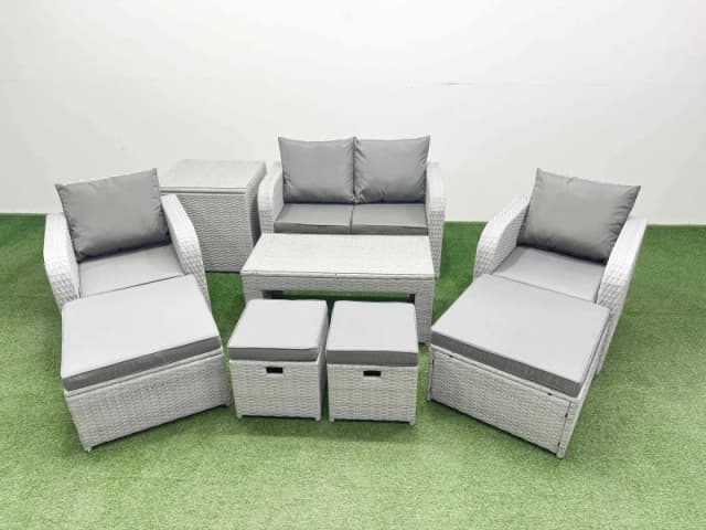 Fimous Pe Wicker Rattan Furniture Sofa Sets With Oblong Coffee Table Love Sofa Reclining Chair Side Table 4 Stools