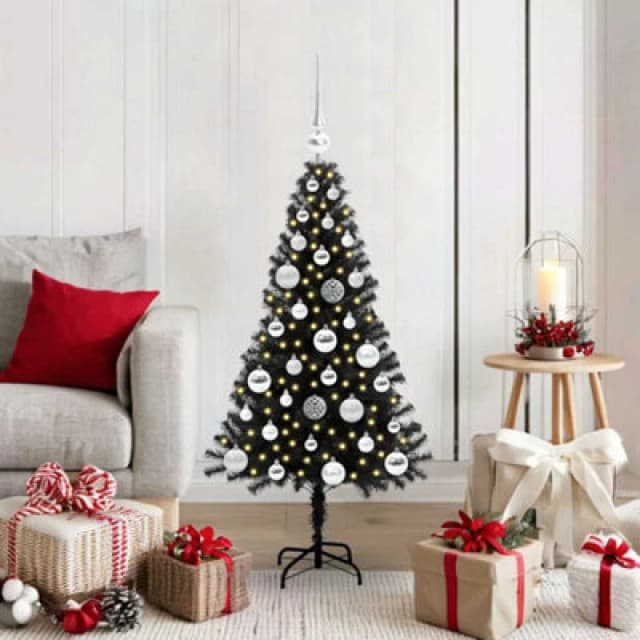 vidaXL Christmas Tree with 150 LEDs, Silver Balls with Stand Black 120cm PVC, Black 3396461