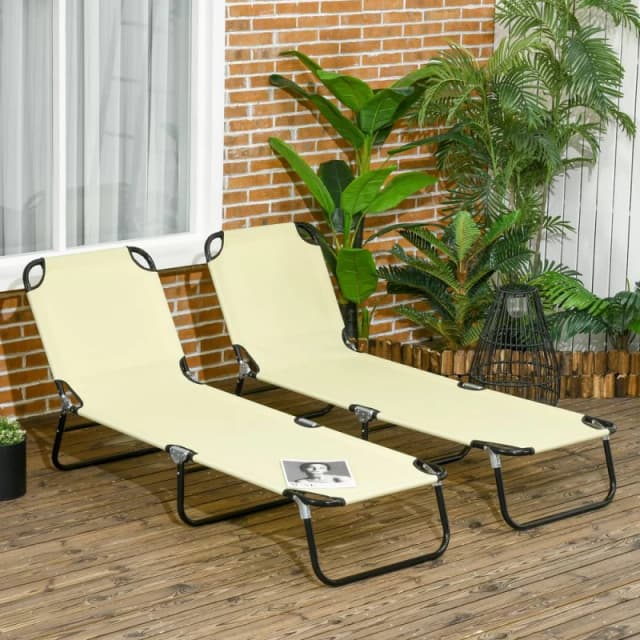 OUTSUNNY Folding Sun Loungers Set of 2 with Adjustable Backrest, Beige Beige Unisex
