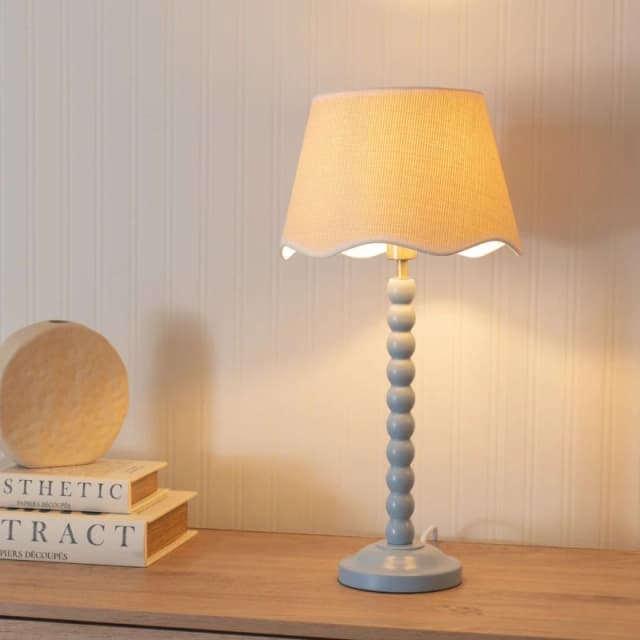 ValueLights Bobbins Powder Blue Table Lamp with Linen Scallop White Trim Shade and LED Bulb Pale Blue