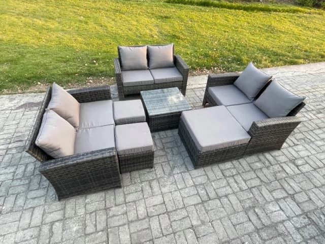 Fimous Outdoor Lounge Sofa Set Wicker PE Rattan Garden Furniture Set with Square Coffee Table Double Seat Sofa 3 Footstools in Dark Grey Dark Grey Uni