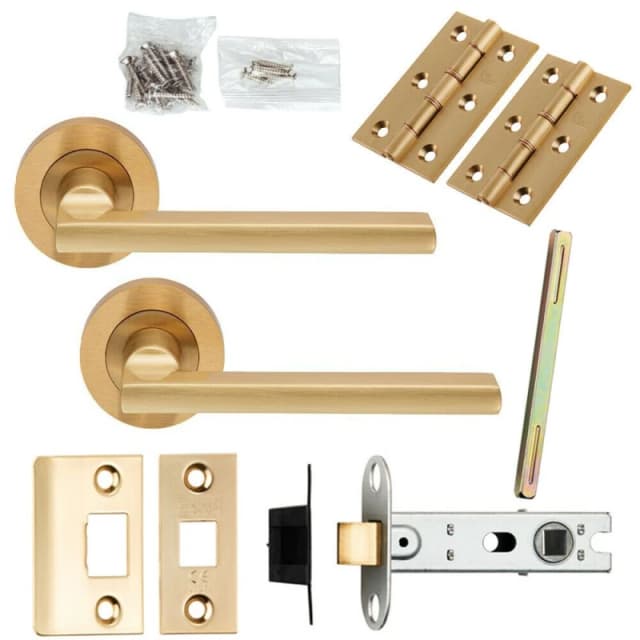 Loops Door Handle & Latch Pack Satin Brass Plinth Mounted Bar Screwless Round Rose Metallics