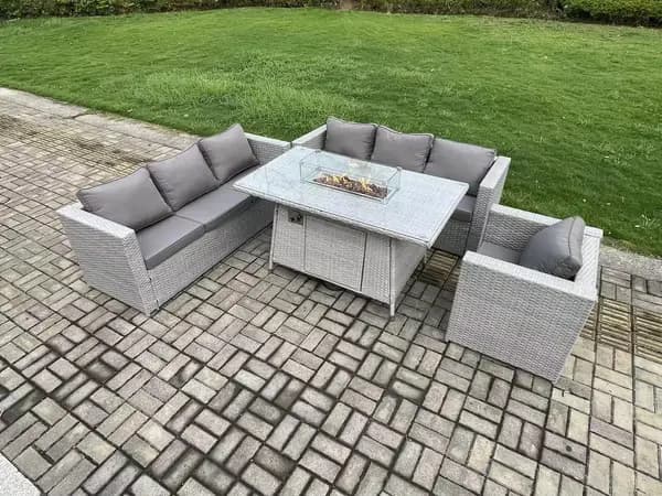 Fimous 7 Seater Outdoor Light Grey Rattan Lounge Complete Sofa Set with Gas Fire Pit Dining Table and Gas Heater