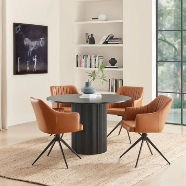 FurnitureboxUK FurnitureboxUK Penrose Black Round Dining Table & 4 Calla Faux Leather Swivel Chairs in Tan Tan One Size Unisex 5056784315903