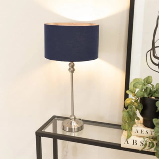 ValueLights Maggie Brushed Chrome Candlestick Slim Table Lamp with Fabric Drum Lamp Shade Navy