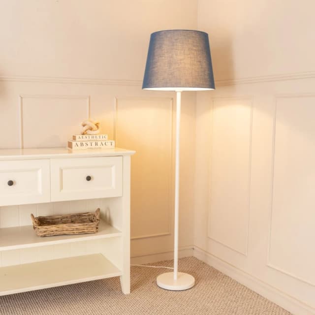 ValueLights Charlie White Single Stem Floor Lamp with Fabric Tapered Shade and LED Bulb Navy
