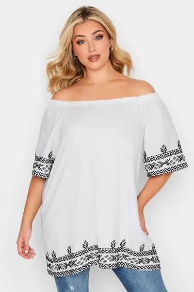 Yours Embroidered Hem Bardot Top White