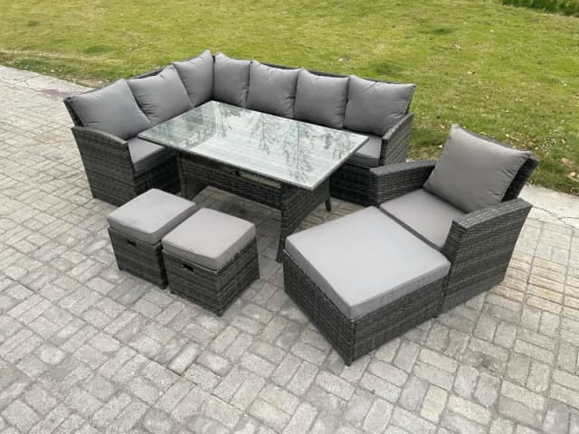 Fimous 10 Seater Outdoor Rattan Garden Furniture Set with Rectangular Dining Table 3 Footstool Armchiar Wicker Corner Sofa Set in Dark Grey Dark Grey