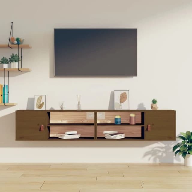Vidaxl 2X Solid Wood Pine Wall Cabinets Wooden Floating TV Unit Sideboard Entertainment Centre Wall Mounted Hanging Cabinet Media Unit Honey Brown, Br