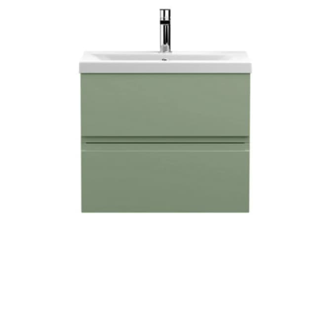 Nuie Hudson Reed Urban Wall Hung 2 Drawer Vanity Unit With Mid-Edge Ceramic Basin, Modern Bathroom Furniture In Satin Green, 600mm
