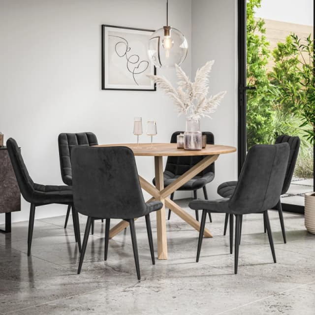 More4Homes Malvern Round Dining Table And Chairs - Oak Table Top W Solid Oak Legs + Nova Velvet Dining Chair Set Of 6 (Black)