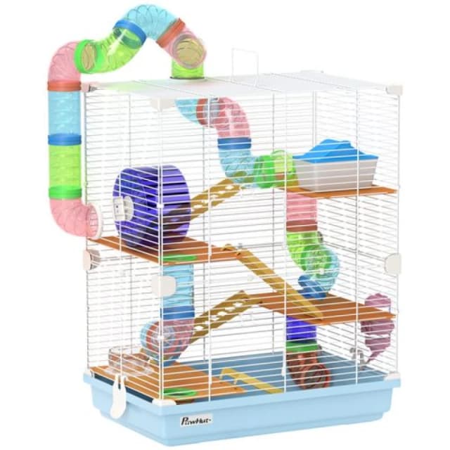 PawHut Pawhut - 5 Tier Hamster Cage Carrier Habitat Small Animal House with Exercise Wheels Tunnel Tube Water Bottle Dishes House Ladder for Dwarf Blu