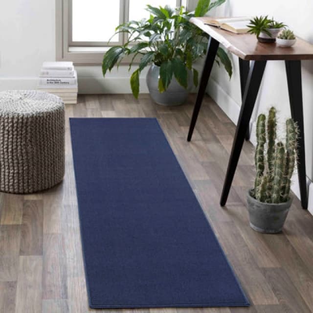 Simple Low Pile Modern Tufted Area Rugs For Living Room With Felt Backing Navy 60X220 Cm