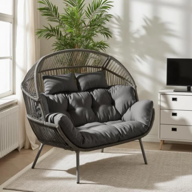 FurnitureboxUK FurnitureboxUK Egg Grey Indoor / Outdoor Rattan Double Chair Grey One Size Unisex 5056784315675