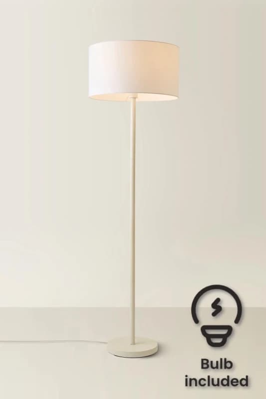 ValueLights Charlie White Single Stem Floor Lamp with Fabric Drum Lamp Shade and LED Bulb White
