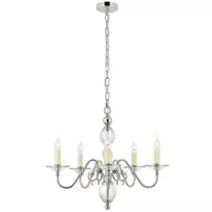 Flemish Ceiling Pendant Chandelier Polished Nickel & Crystal Curved 5 Lamp Light