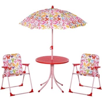 Kids Outdoor Bistro Table and Chair Set Butterfly Pattern Garden Patio Backyard with Removable & Height Adjustable Parasol - Outsunny