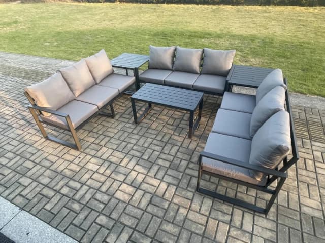Fimous Aluminium 9 Seater Outdoor Garden Furniture Set Lounge Sofa Oblong Coffee Table Set with Cushions Dark Grey Dark Grey Unisex