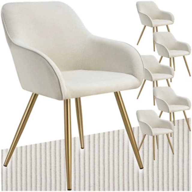 Tectake Set Of 6 Dining Chair Marilyn - Corduroy Look, Upholstered, Armchair, Continuous Backrest - Cream/gold
