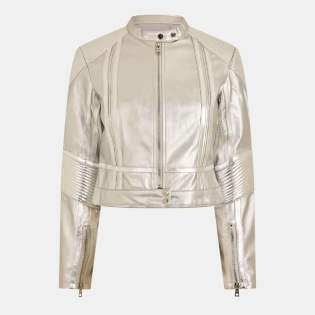 AmyLynn Womens 's Fitted Bomber Faux Leather Jacket Silver female 6 (XS)