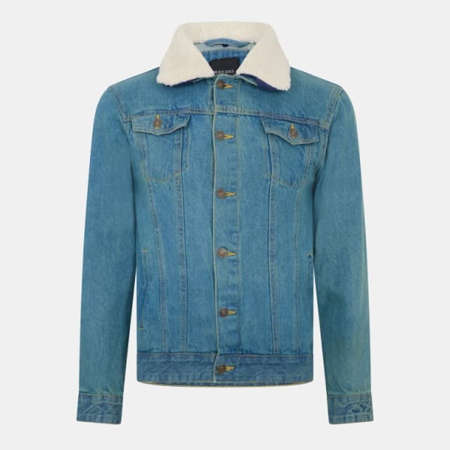 Brave Soul Cotton Denim Jacket with Detachable Borg Collar Light Blue