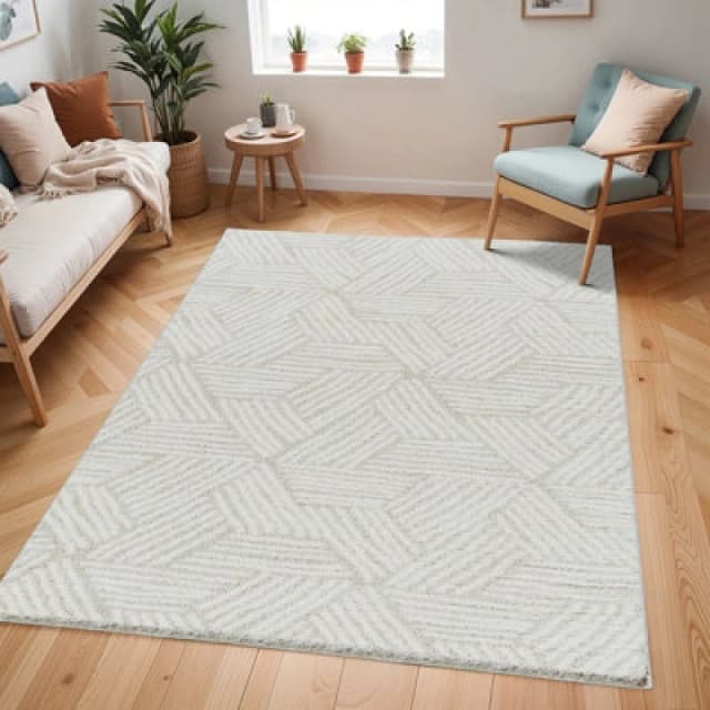 Livabliss Cloudy Shaggy-Geometric Beige Grey Soft Plush Pile Living Bedroom Rug 120 X 170 Cm Easy Care, Non Shedding