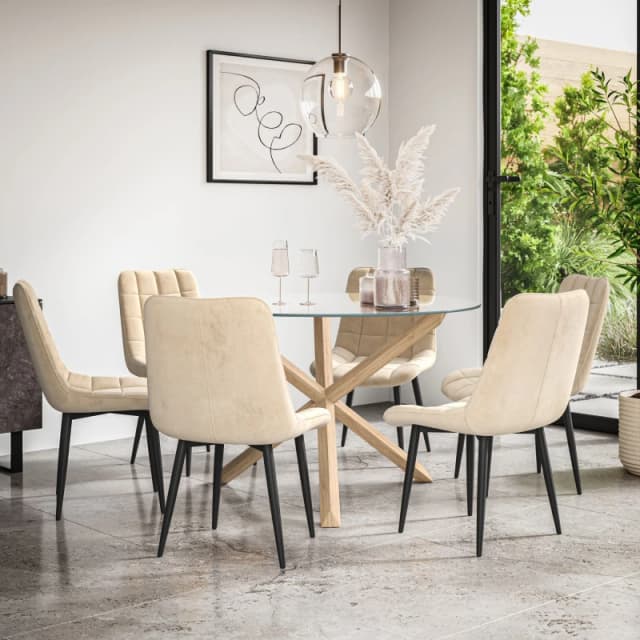 More4Homes Malvern Round Dining Table And Chairs - Clear Glass Table Top W Solid Oak Legs + Nova Velvet Dining Chair Set Of 6 (Beige)