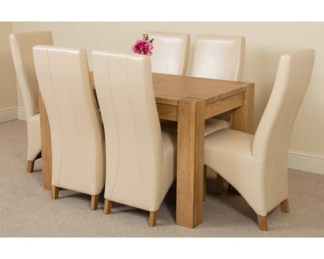 Thats Furniture Kuba 125 x 80cm Chunky Oak Small Dining Table & 6 Lola Leather Chairs in Cream Cream Unisex 125 x 80 cm