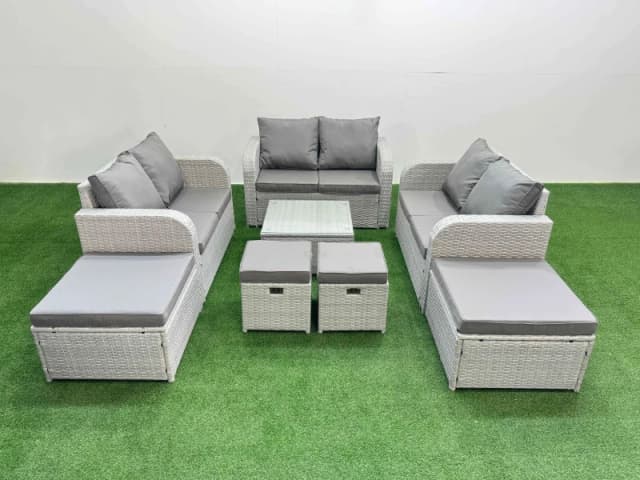 Fimous PE Rattan Love Sofa Set with Coffee Table 4 Footstools Light Grey Light Grey Unisex