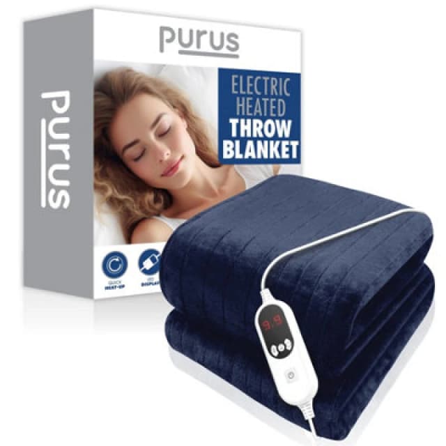 Purus Deluxe Navy Blue Xl Electric Throw Heated Double Over Electric Blanket Soft Fleece 9 Heat & 12 Timer Settings