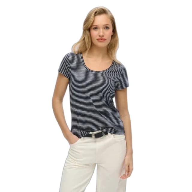 Superdry Embroidered Logo Slub T-Shirt in Cotton Mix with Crew Neck navy striped Women 8;12;16