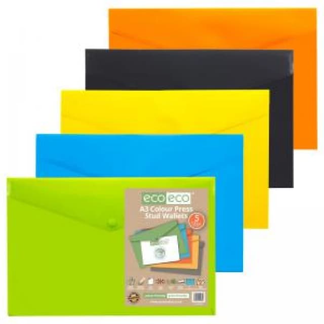 Eco Eco 50% Recycled Press Stud Wallets A3 Assorted (5 Pack) eco080-S