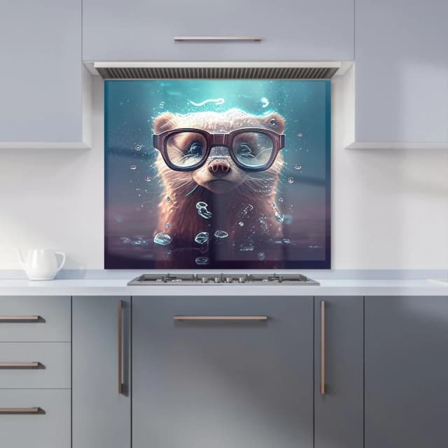 Warren Reed - Designer Ferret With Glasses Splashart Water Kitchen Splashback in Blue Size: 600mm x 750mm Blue Unisex 600mm x 750mm