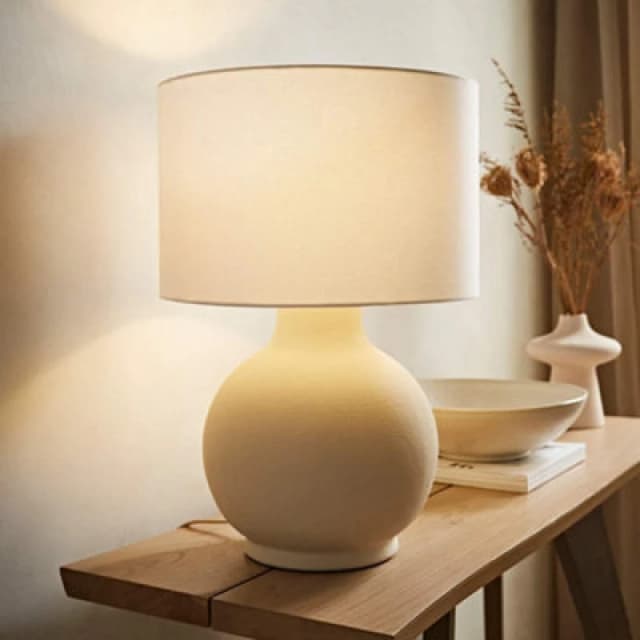 ValueLights ValueLights Blair Natural Linen Durm Shade Hand Finished Ceramic Stonewear Table Lamp in Beige Beige One Size Unisex 5016529271581