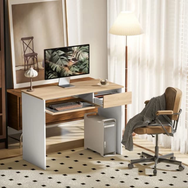 HOMCOM HOMCOM Compact Computer Table with Keyboard Tray and Drawer, Writing Desk in Grey Grey One Size Unisex 5063603021808