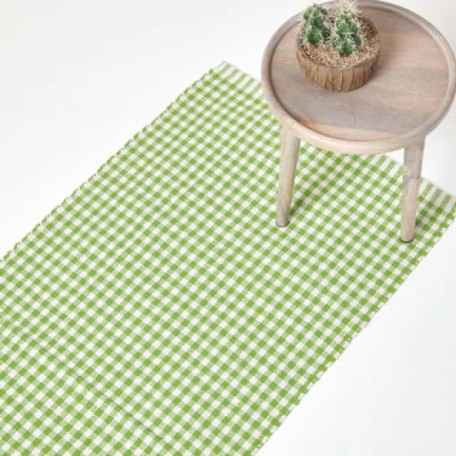 Homescapes Cotton Gingham Check Hand Woven Hall Runner, 66 x 200cm Green