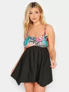 Yours Tropical Animal Bandeau Hanky Hem Swimdress, Black, Size 16, Women