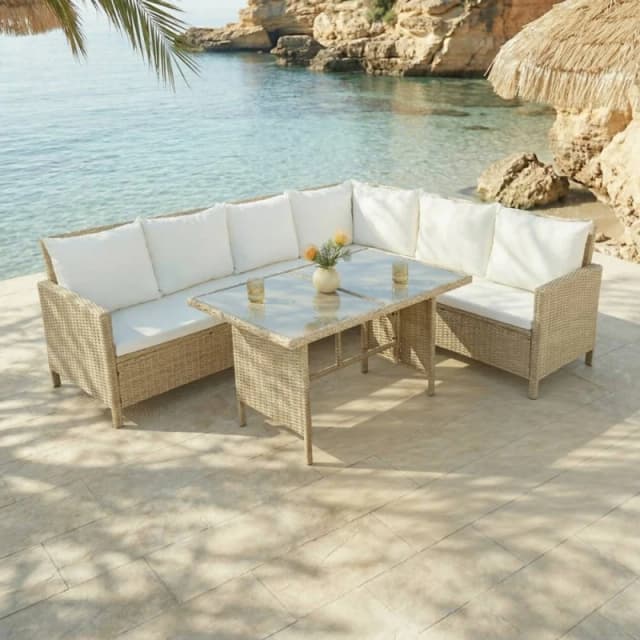 Home Garden Direct Alia Rattan Corner 6 Seater Sofa Dining Set with Glass Table Natural Natural Unisex