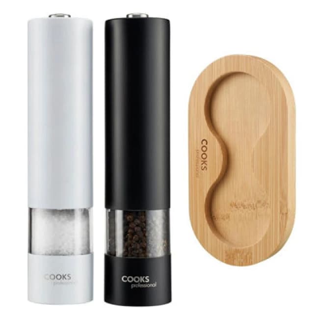 Cooks Professional Electric Salt And Pepper Mill Set With Bamboo Stand - Automatic Seasoning Condiment Grinders - Black & White