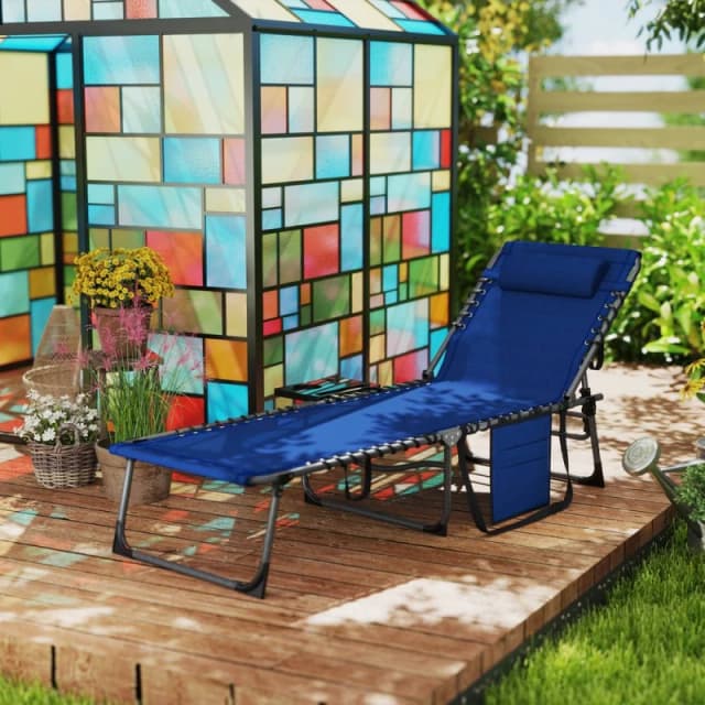 Outsunny Folding Sun Lounger with 5-Level Reclining Back, Side Table, Blue 84G-721V00NU