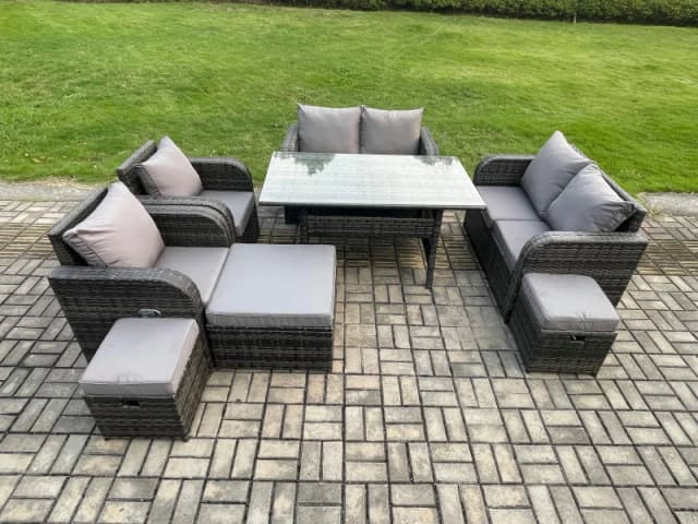 Fimous Outdoor Rattan Garden Furniture 8 piece Grey Patio Furniture Set 9 Seater Lounge Sofa Set with Rectangular Table 3 Stools in Dark Grey Dark Gre