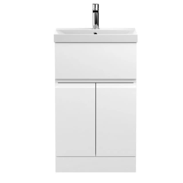 Nuie Hudson Reed Urban Floor Standing 2 Door 1 Drawer Vanity Unit With Thin-Edge Basin, Modern Vanity Unit In Satin White, 500mm