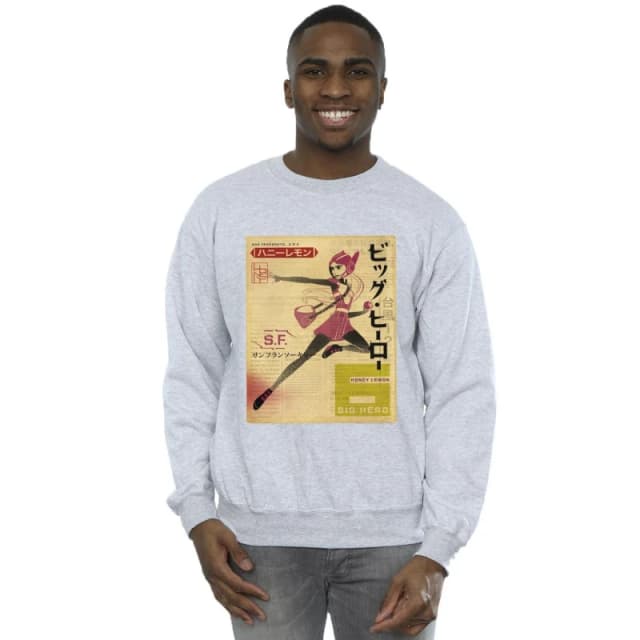 Disney Men Big Hero 6 Baymax Honey Lemon Newspaper Sweatshirt in Grey Size: Small Grey S Male 5059934872004