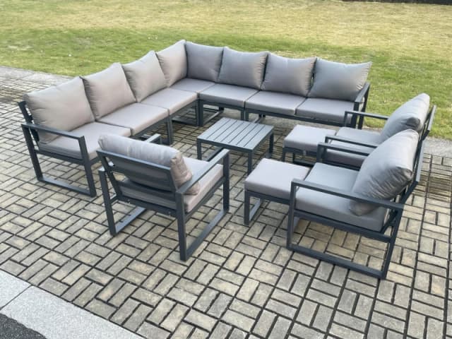 Fimous Aluminium Outdoor Garden Furniture Set Lounge Corner Sofa 3 Pcs Chair Square Coffee Table Sets with 2 Small Footstools Dark Grey Dark Grey Unis